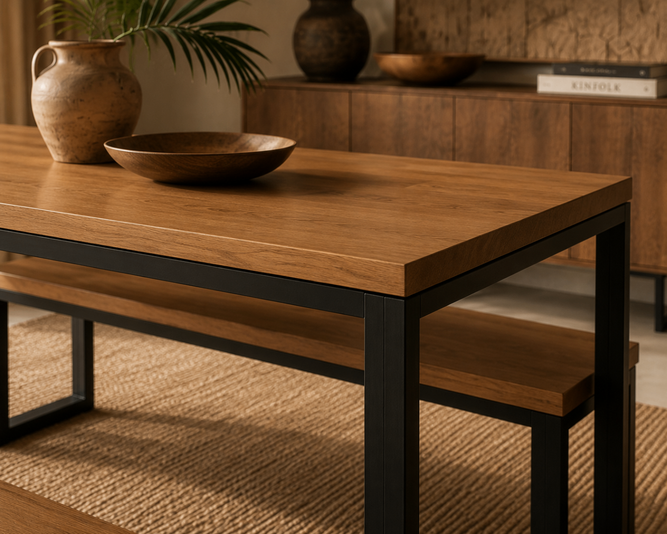 Close-up detail of Bété wood craftsmanship on the Kribi Dining Set