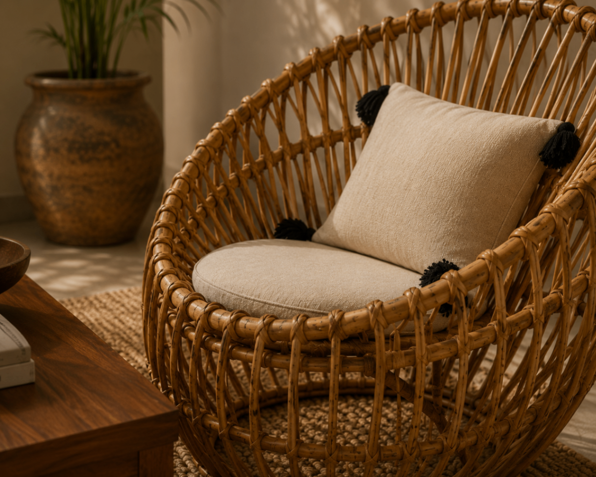 Close-up detail of Bété wood craftsmanship on the Bakoko Lounge Chair