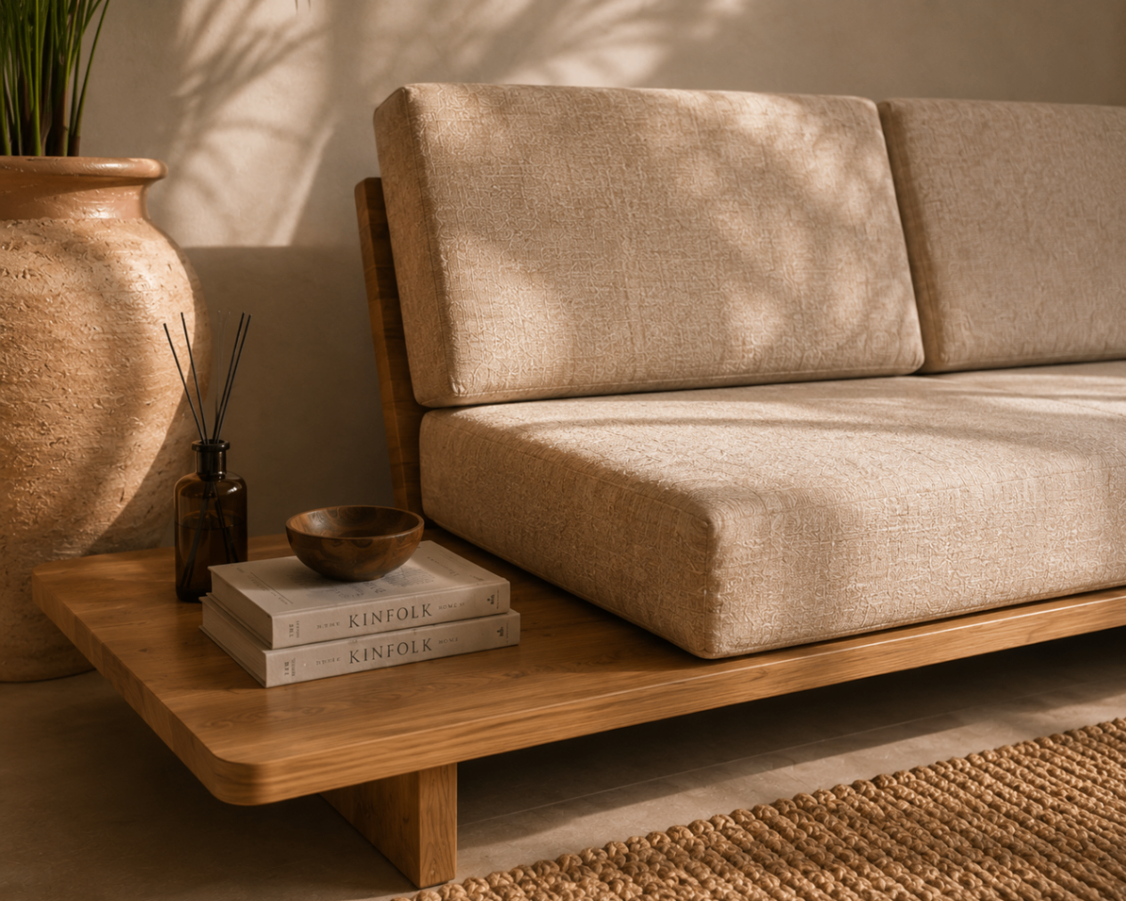 Close-up detail of Bété wood craftsmanship on the Campo Sofa